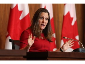 Chrystia Freeland, Canada's deputy prime minister and finance minister, speaks during a news conference on Parliament Hill in Ottawa, Ontario, Canada, on Wednesday, Feb. 23, 2022. Canada is lifting the emergency powers it enacted more than a week ago to get street protests under control, with Prime Minister Justin Trudeau saying the unprecedented authority is no longer needed.
