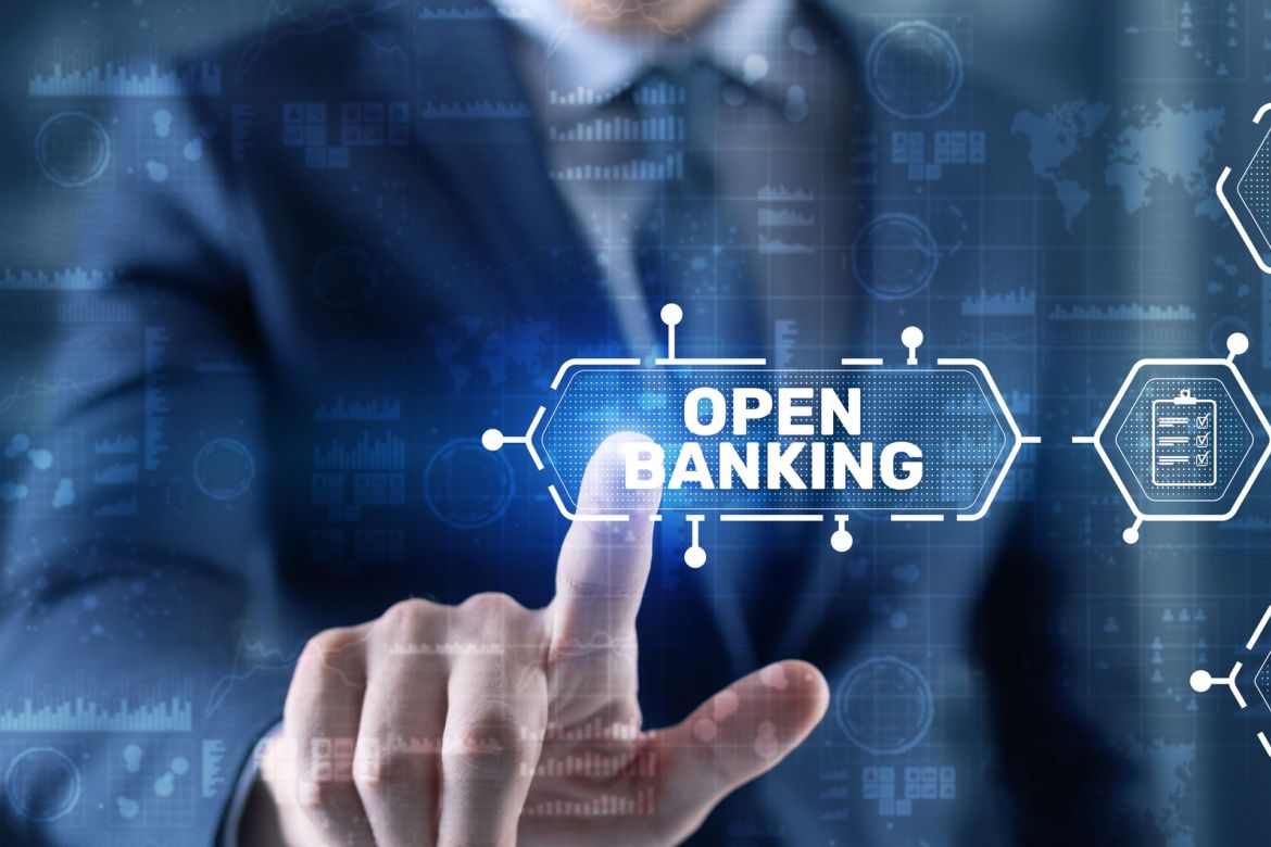 Open Banking Online Finance Concept. Man clicks on a virtual screen inscription