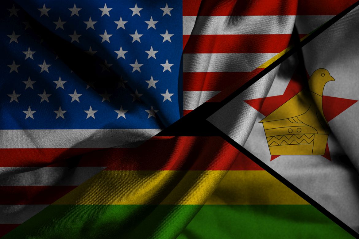 Waving flag of Zimbabwe and USA FI