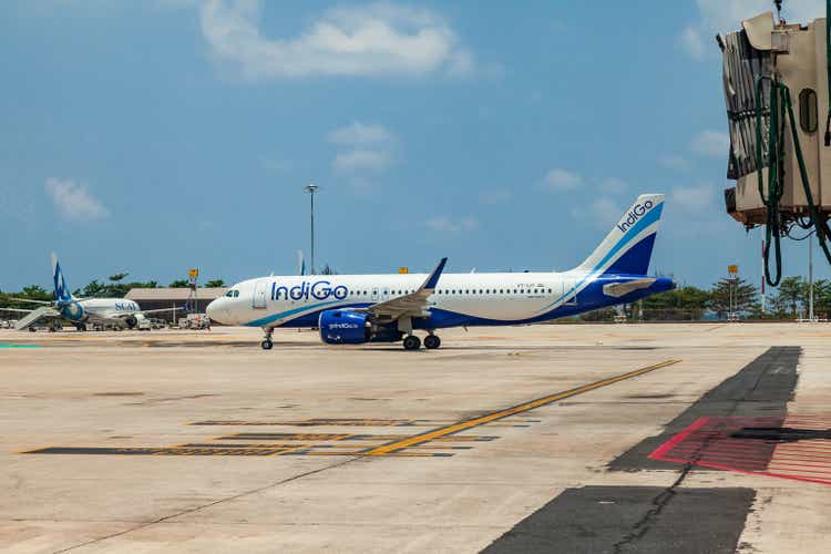 Passenger aircraft Airbus A320 neo indian airlines indigo at the airport of thailand, phuket