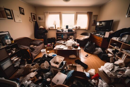 Large, cluttered, messy living room