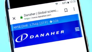 image of laptop screen displaying danaher (DHR) website